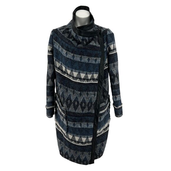 SAM EDELMAN Tribal Blanket Coat Boho Sweater Jacket Fringe Wool Blue Southwest S - Picture 1 of 10